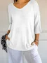 Women Plain V Neck Casual Three Quarter Sleeve T-shirt