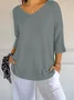 Women Plain V Neck Casual Three Quarter Sleeve T-shirt
