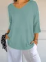 Women Plain V Neck Casual Three Quarter Sleeve T-shirt