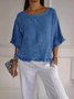 Women Plain Crew Neck Casual Three Quarter Sleeve T-shirt