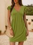 Women's Short Sleeve Summer Navyblue Plain V Neck Daily Going Out Casual Knee Length A-Line Ruffle Skirt Dress