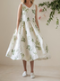 Vacation Plants V Neck linen-cotton Midi Dress