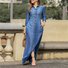 Women's Long Sleeve Spring/Fall Deep Blue Plain Stand Collar Daily Going Out Casual Maxi H-Line Shirt Dress Dress