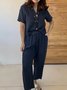 Casual Plain V Neck Two-Piece Set