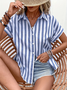 Women's Short Sleeve Shirt Summer Blue Striped Printing Shirt Collar Daily Going Out Casual Top