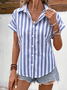 Women's Short Sleeve Shirt Summer Blue Striped Printing Shirt Collar Daily Going Out Casual Top