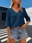 Women Plain V Neck Casual Three Quarter Sleeve T-shirt