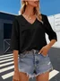 Women Plain V Neck Casual Three Quarter Sleeve T-shirt