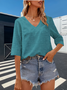Women Plain V Neck Casual Three Quarter Sleeve T-shirt
