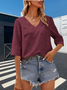 Women Plain V Neck Casual Three Quarter Sleeve T-shirt