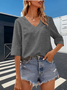 Women Plain V Neck Casual Three Quarter Sleeve T-shirt