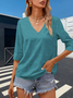 Women Plain V Neck Casual Three Quarter Sleeve T-shirt