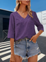 Women Plain V Neck Casual Three Quarter Sleeve T-shirt