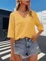Women Plain V Neck Casual Three Quarter Sleeve T-shirt