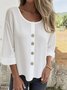 Women's Three Quarter Sleeve Shirt Spring/Fall Light Blue Plain Split Joint Cotton Crew Neck Daily Going Out Casual Top
