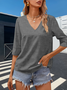 Women Plain V Neck Casual Three Quarter Sleeve T-shirt