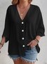 Women's Three Quarter Sleeve Shirt Spring/Fall Apricot Plain Buckle V Neck Daily Going Out Casual Cardigan