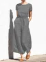 Casual Regular Sleeve Plain Crew Neck Jumpsuit