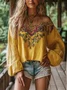 Vacation Floral Printing Cold Shoulder Balloon Sleeve Blouse