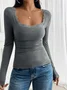Women Floral Square Neck Casual Long Sleeve T-shirt