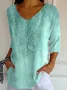 Women Floral V Neck Casual Three Quarter Sleeve T-shirt