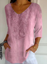 Women Floral V Neck Casual Three Quarter Sleeve T-shirt