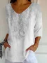 Women Floral V Neck Casual Three Quarter Sleeve T-shirt