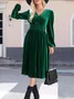 Women's Long Sleeve Spring/Fall Brown Plain Split Joint V Neck Daily Going Out Vintage Maxi A-Line T-Shirt Pleuche Dress