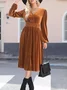 Women's Long Sleeve Spring/Fall Brown Plain Split Joint V Neck Daily Going Out Vintage Maxi A-Line T-Shirt Pleuche Dress