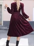 Women's Long Sleeve Spring/Fall Brown Plain Split Joint V Neck Daily Going Out Vintage Maxi A-Line T-Shirt Pleuche Dress