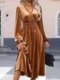 Women's Long Sleeve Spring/Fall Brown Plain Split Joint V Neck Daily Going Out Vintage Maxi A-Line T-Shirt Pleuche Dress
