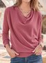 Women Plain Cowl Neck Vintage Long Sleeve T-shirt
