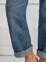 Women Casual Pockets Buttoned Jeans Blue Denim Pants