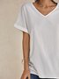 V Neck Casual Plain Summer Loose Short Sleeve White Linen Top