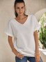 V Neck Casual Plain Summer Loose Short Sleeve White Linen Top