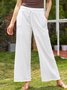 Women Solid Basic Drawstring Waist Linen Cotton Wide Leg Pants With Pockets