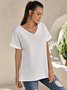 V Neck Casual Plain Summer Loose Short Sleeve White Linen Top