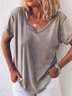 Women Casual Solid Plus Size Loosen V Neck Short Sleeve Summer T-shirt