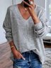 Solid Long Sleeve V-neck Knitted Top