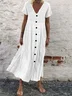 Women Casual Plain V Neck Button Short Sleeve Loose Summer Maxi Dress