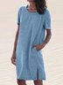 Women Casual Short Sleeve Pockets Daily Crew Neck Cotton Linen Sundress