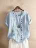 Women Crew Neck Plus Size Floral Buttoned Roll Up Short Sleeve Blouse