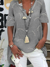 Casual Gray V Neck Vintage Short Sleeve Linen Tunic Top