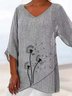 Women Loose Linen V Neck Asymmetric Hem Floral Print Short Sleeve Tunic Top