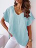 Summer Loose Short Sleeve V Neck Casual Plain Blue Linen Top