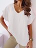 V Neck Casual Plain Summer Loose Short Sleeve White Linen Top