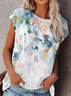 Vacation Floral Gradient Pattern Cotton Blends Crew Neck Summer T-shirt