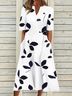 Women Summer Leaf Casual V Neck Loosen Short Sleeve Dress