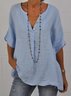 Casual V Neck Button Cotton Loose Blue Short Sleeve Tunic Top