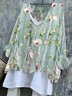 Women Floral Loose V Neck Three Quarter Sleeve Linen Tunic Top